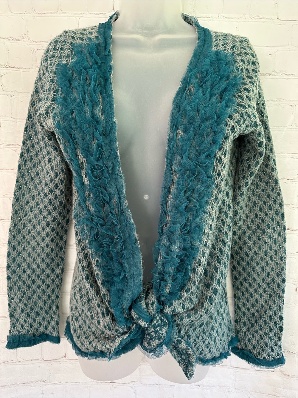 Ryu Wool BLend Open Knit Ruffle Trim Teal Cardigan size L
